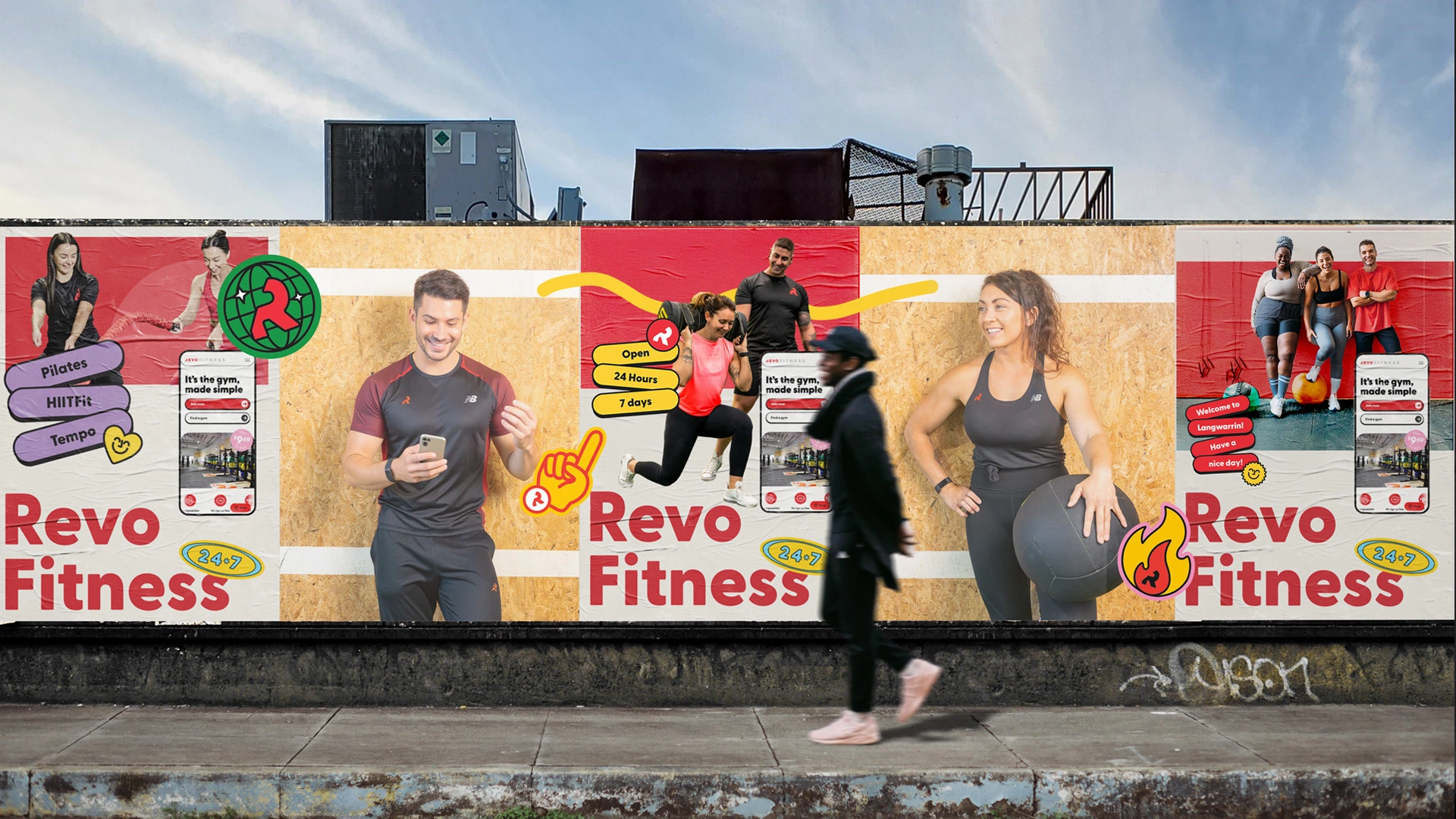 Five Revo Fitness campaign posters arranged side by side showing fitness lifestyle photography and brand messaging
