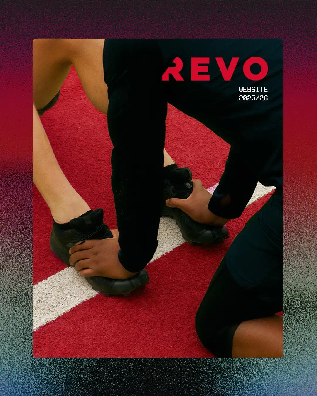 Revo brand website card showing red sneakers and the Revo brand name on a vivid red and orange background