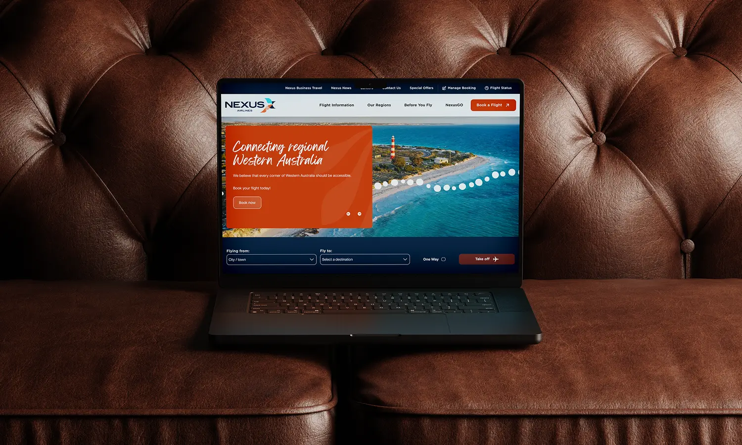 Laptop computer resting on dark leather showing the Nexus Airlines website with destination imagery — Nexus Airlines spinner graphic